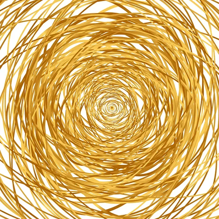 Spiral of golden circles overlayed over each other in a chaotic vortex.