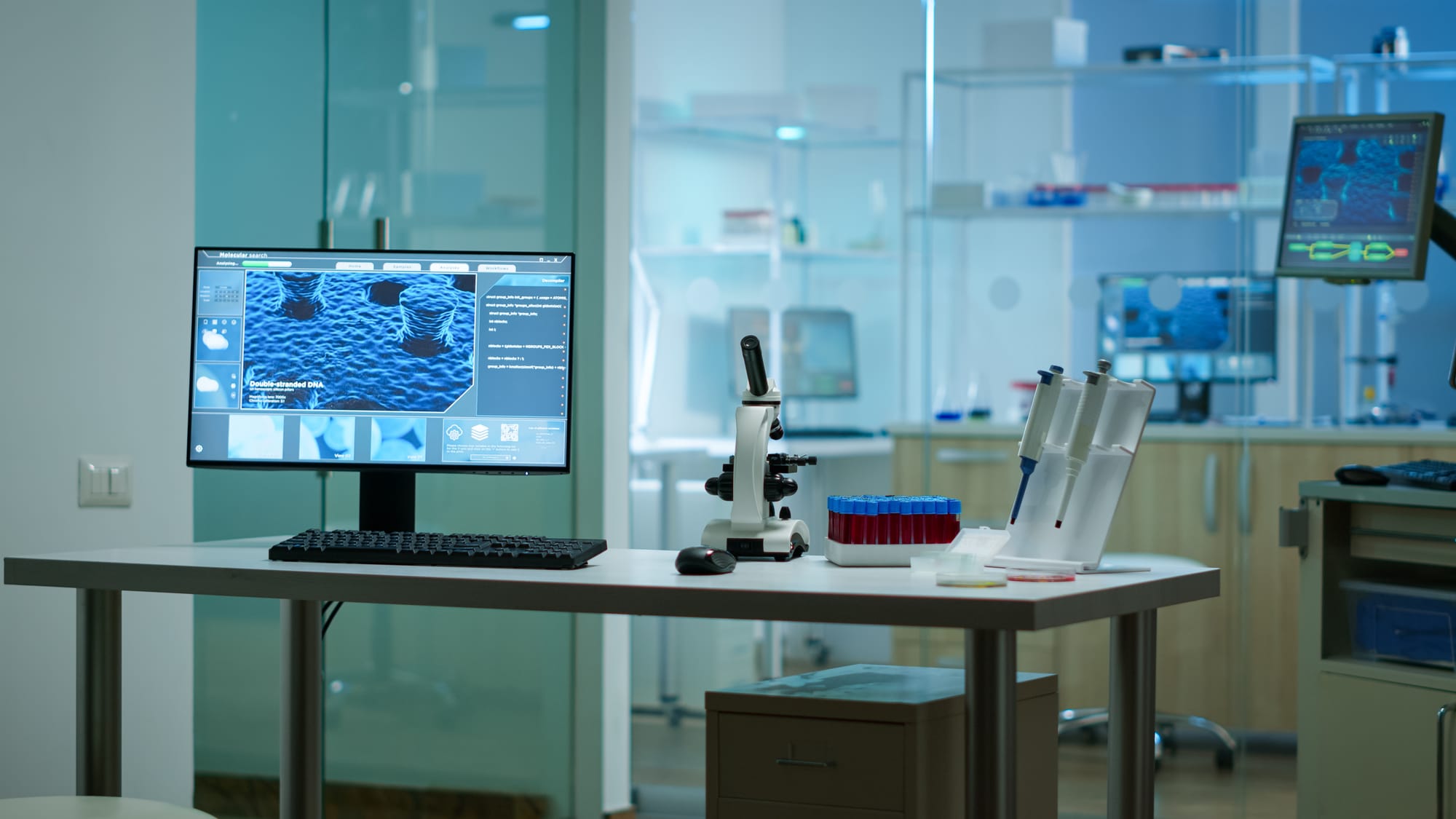 Modern empty biological applied science laboratory with technological microscopes, glass test tubes, micropipettes, desktop computers and displays. Pc's are running sophisticated dna calculat