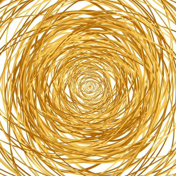 Spiral of golden circles overlayed over each other in a chaotic vortex.