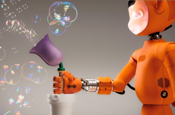 An orange robot blowing bubbles with a purple wand - enchantedtools via Unsplash