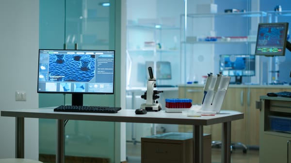 Modern empty biological applied science laboratory with technological microscopes, glass test tubes, micropipettes, desktop computers and displays. Pc's are running sophisticated dna calculat